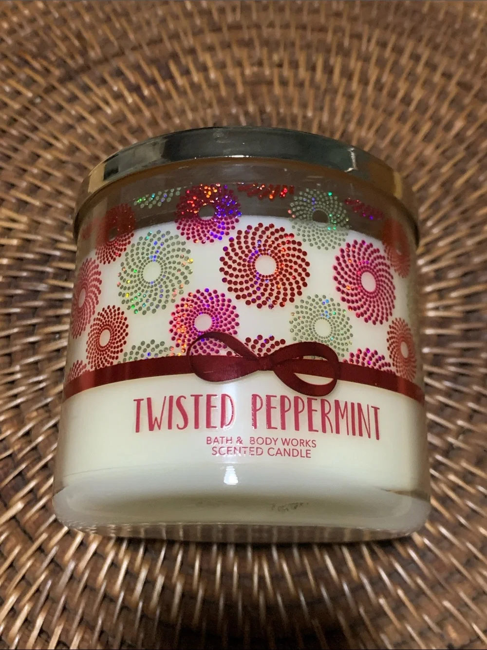 Bath & Body Works Twisted Peppermint Candle - White with Red and Pink Accents - Picture 4 of 4